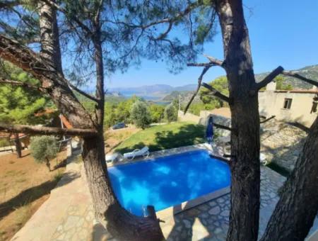 Muğla Dalyan Gökbelde Sea View, Swimming Pool, 1800 M2 Land 2 1 Furnished Stone House For Sale